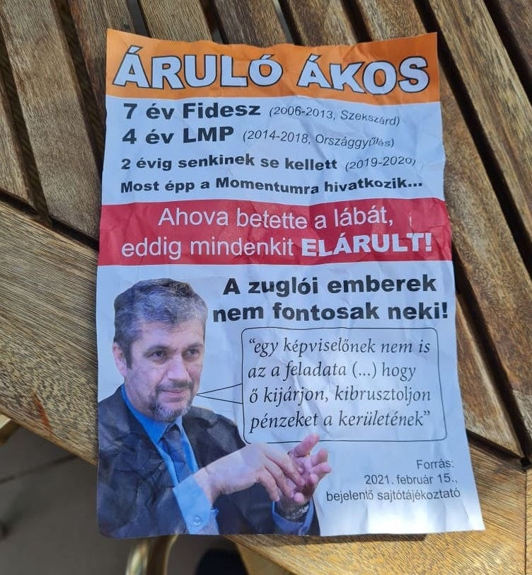 „Áruló Ákos” – Szórólapokkal akarják lejáratni Hadházyt Zuglóban 