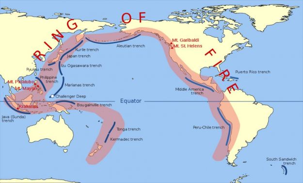 A tűzgyűrű Dél-Amerikától az Egyesült Államokon keresztül, félkör alakban, Ázsián át Új-Zélandig kanyarog.