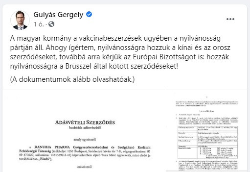 Gulyás Gergely a Facebookon hozta nyilvánosságra a magyar vakcinaszerződéseket