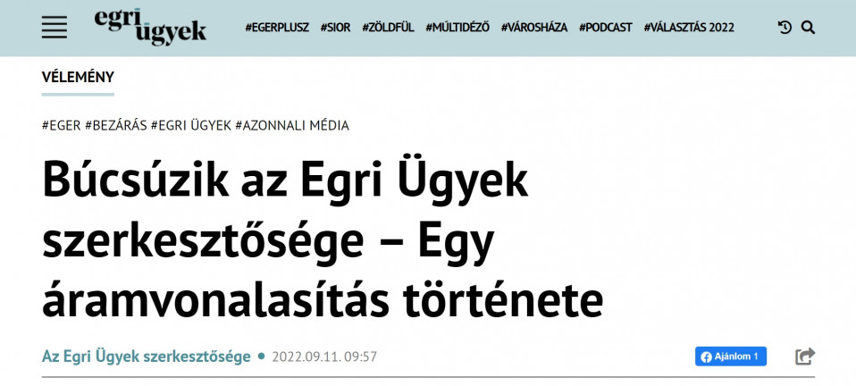 Kirúgták az Ungár Péterhez tartozó Egri Ügyek szerkesztőségét 